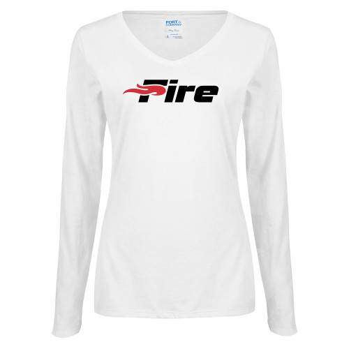  Womens White Long Sleeve V Neck Tee - Primary Mark