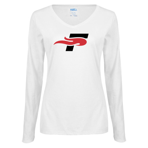 Womens White Long Sleeve V Neck Tee - F