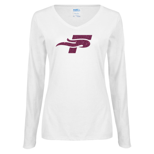  Womens White Long Sleeve V Neck Tee - F Pink Glitter