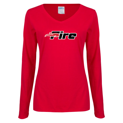  Womens Red Long Sleeve V Neck Tee - Primary Mark