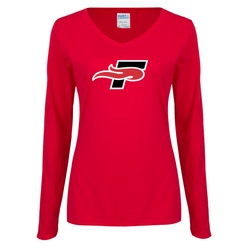  Womens Red Long Sleeve V Neck Tee - F
