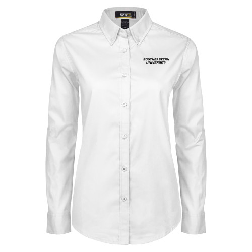 Womens White Twill Button Down Long Sleeve - Wordmark