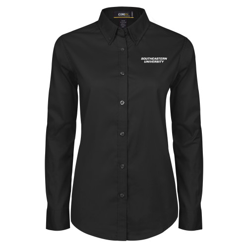  Womens Black Twill Button Down Long Sleeve  - Wordmark