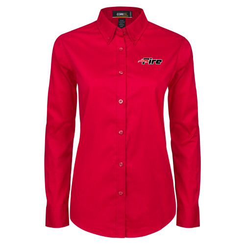  Womens Red Twill Button Down Long Sleeve  - Primary Mark