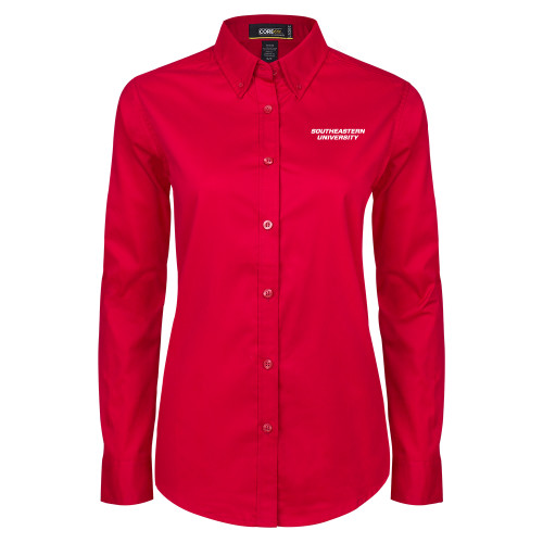  Womens Red Twill Button Down Long Sleeve  - Wordmark