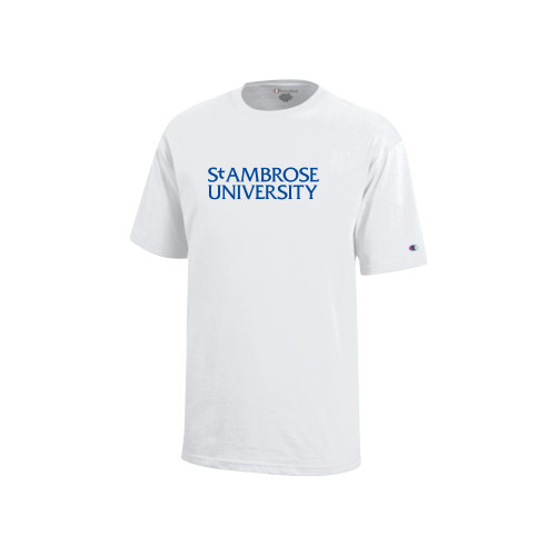  Champion Youth White Short Sleeve Tee - St Ambrose Wordmark
