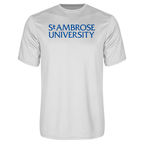 White Performance Tee - St Ambrose Wordmark