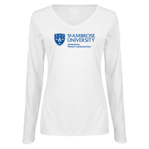  Womens White Long Sleeve V Neck Tee  - St Ambrose - Institute for Person-Centered Care