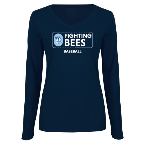  Womens Navy Long Sleeve V Neck Tee  - St Ambrose - Baseball