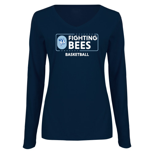  Womens Navy Long Sleeve V Neck Tee  - St Ambrose - Basketball