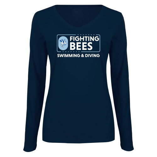  Womens Navy Long Sleeve V Neck Tee  - St Ambrose - Swimming and Diving