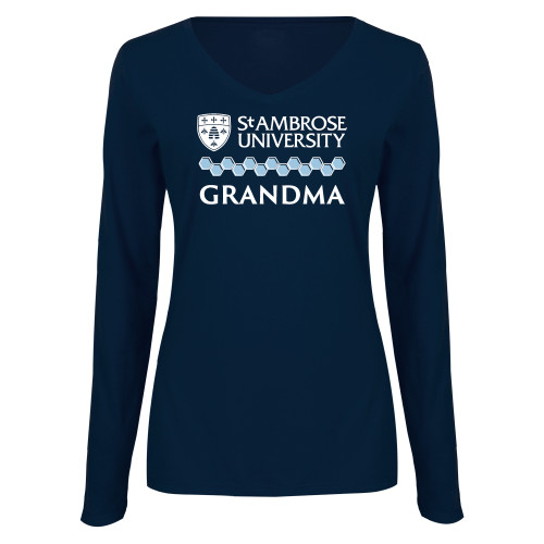  Womens Navy Long Sleeve V Neck Tee  - St Ambrose - Grandma