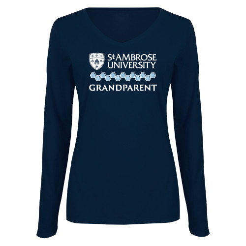  Womens Navy Long Sleeve V Neck Tee  - St Ambrose - Grandparent