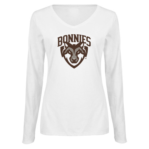  Womens White Long Sleeve V Neck Tee  - St Bonaventure Primary Mascot Mark