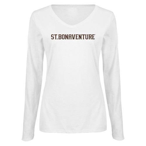  Womens White Long Sleeve V Neck Tee  - St Bonaventure Collegiate Text