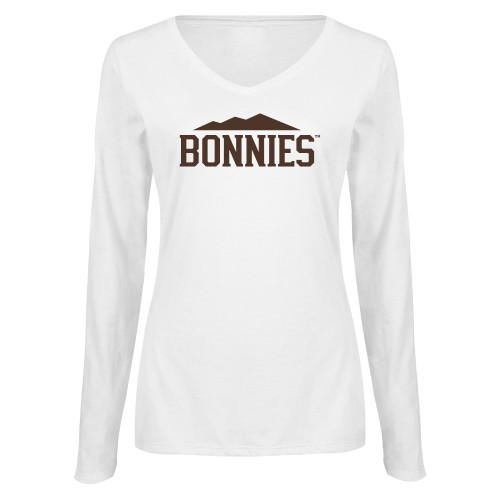  Womens White Long Sleeve V Neck Tee  - St Bonaventure Bonnies Rolling Hills