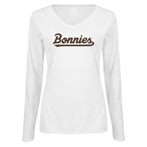  Womens White Long Sleeve V Neck Tee  - St Bonaventure Bonnies Script