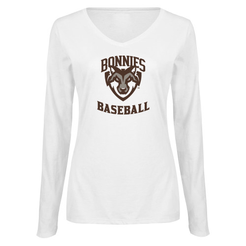  Womens White Long Sleeve V Neck Tee  - St Bonaventure Baseball