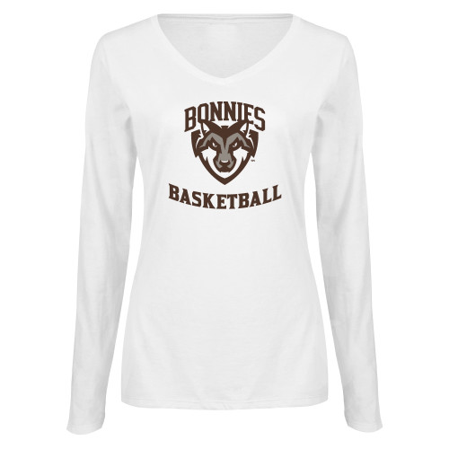  Womens White Long Sleeve V Neck Tee  - St Bonaventure Basketball