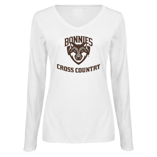  Womens White Long Sleeve V Neck Tee  - St Bonaventure Cross Country