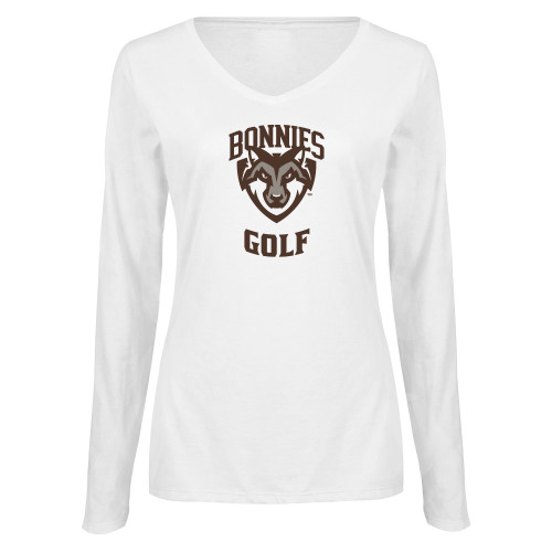  Womens White Long Sleeve V Neck Tee  - St Bonaventure Golf