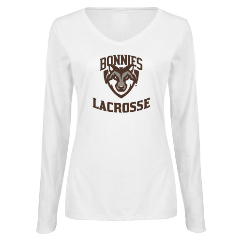  Womens White Long Sleeve V Neck Tee  - St Bonaventure Lacrosse