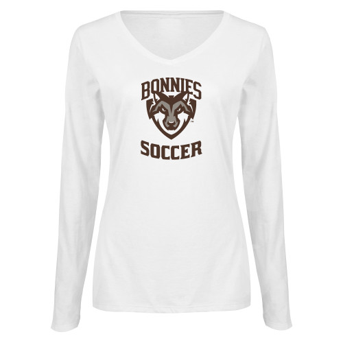  Womens White Long Sleeve V Neck Tee  - St Bonaventure Soccer