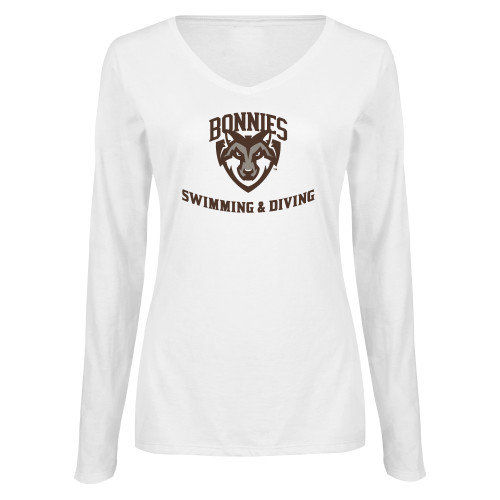  Womens White Long Sleeve V Neck Tee  - St Bonaventure Swim and Diving
