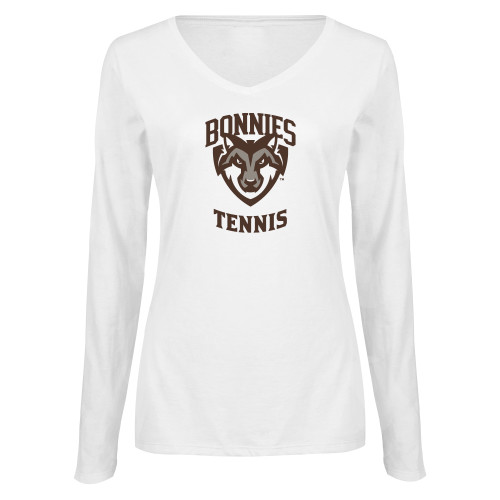  Womens White Long Sleeve V Neck Tee  - St Bonaventure Tennis