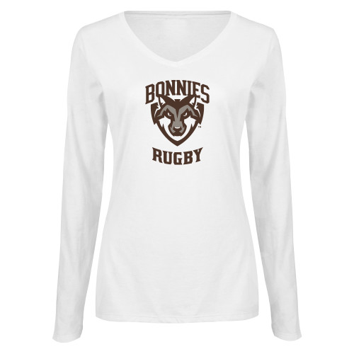  Womens White Long Sleeve V Neck Tee  - St Bonaventure Rugby