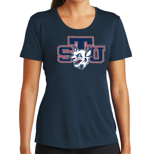  Womens Navy Performance Tee - STU w/ Bobcat Head