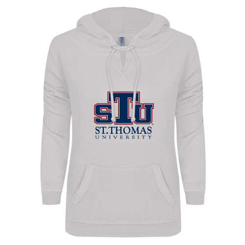  ENZA Womens White V Notch Raw Edge Fleece Hoodie - Official Logo