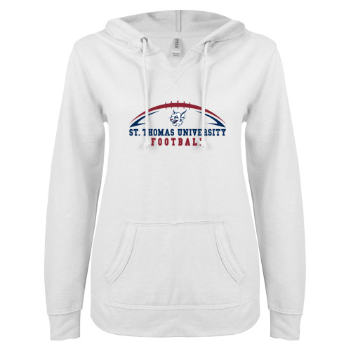  ENZA Womens White V Notch Raw Edge Fleece Hoodie - Arched Football