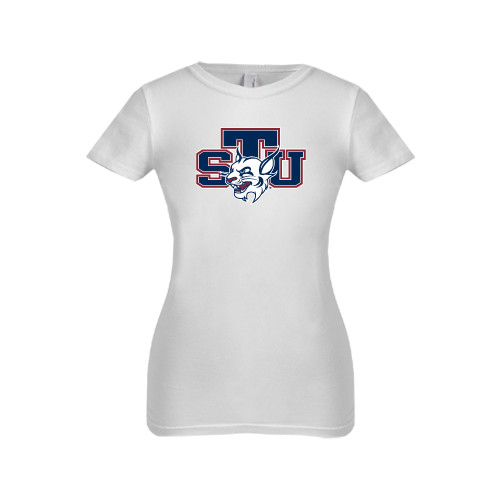  Next Level Girls White Fashion Fit T Shirt - STU w/ Bobcat Head