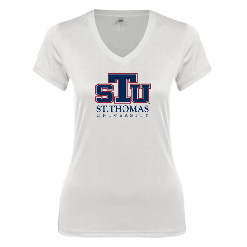  Next Level Womens White Ideal V Tee - Official Logo