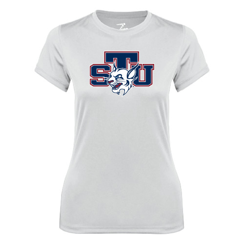  Womens White Performance Tee - STU w/ Bobcat Head