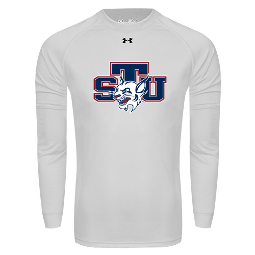  Under Armour White Long Sleeve Tech Tee - STU w/ Bobcat Head