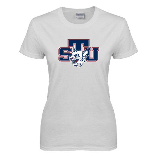  Womens White Short Sleeve Tee - STU w/ Bobcat Head