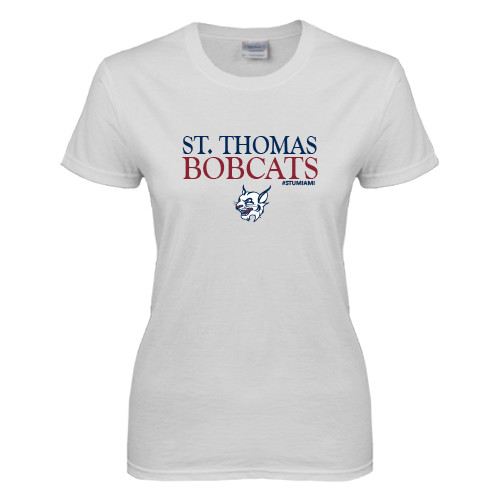 Womens White Short Sleeve Tee - St Stomas Bobcats Stacked