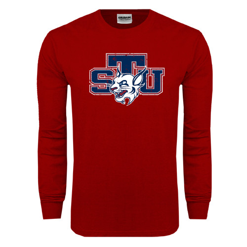  Cardinal Long Sleeve T Shirt - STU w/ Bobcat Head Distressed