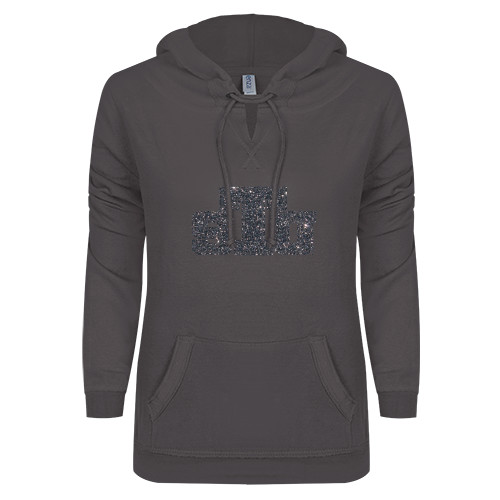  ENZA Womens Dark Heather V Notch Raw Edge Fleece Hoodie - STU Glitter