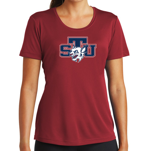  Womens Cardinal Performance Short Sleeve Tee - STU w/ Bobcat Head