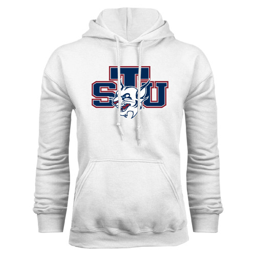  White Fleece Hoodie - STU w/ Bobcat Head