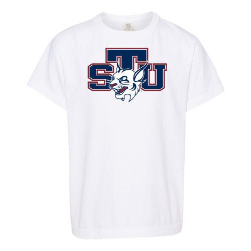  Comfort Colors Youth White T Shirt - STU w/ Bobcat Head
