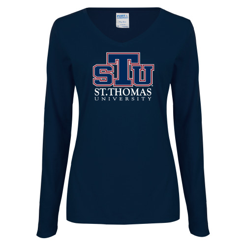  Womens Navy Long Sleeve V Neck Tee - Official Logo