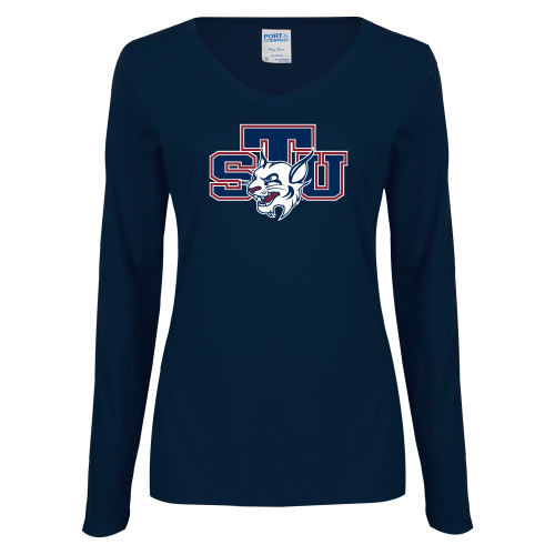  Womens Navy Long Sleeve V Neck Tee - STU w/ Bobcat Head