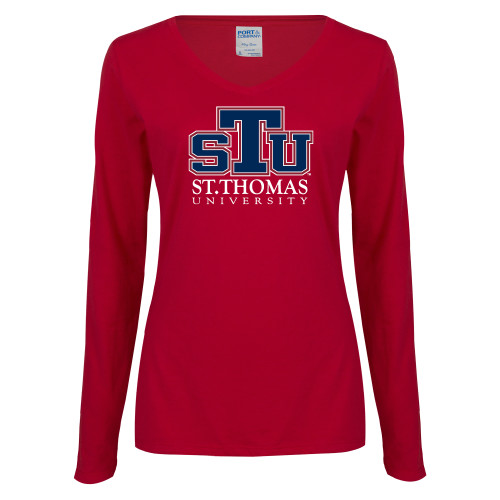  Womens Cardinal Long Sleeve V Neck Tee  - Official Logo