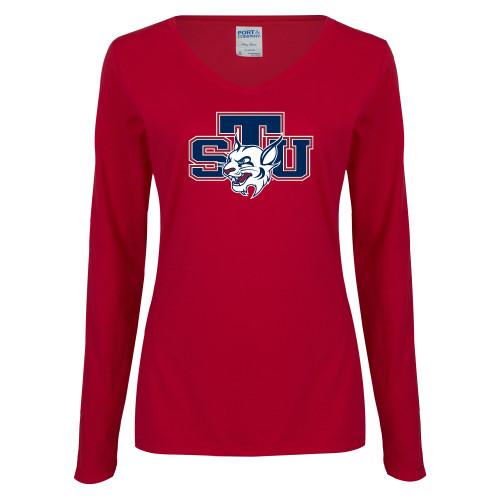  Womens Cardinal Long Sleeve V Neck Tee  - STU w/ Bobcat Head