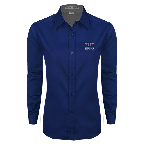  Womens Navy Twill Button Down Long Sleeve  - Official Logo