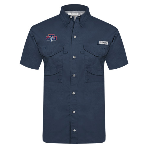  Columbia Navy Tamiami Performance Short Sleeve Shirt - STU w/ Bobcat Head